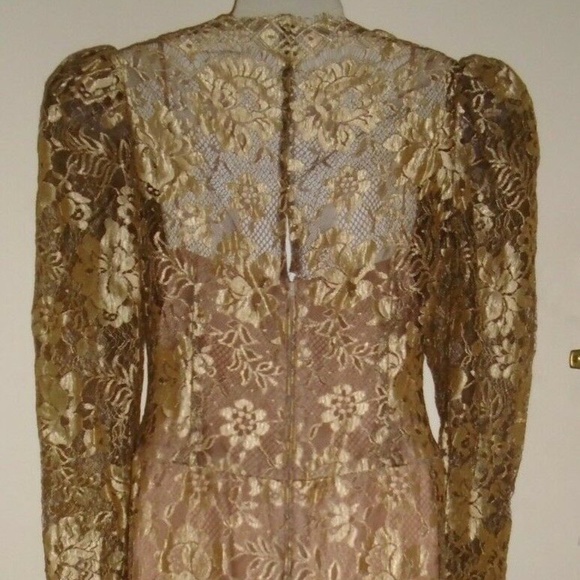 Vintage Rare Formal Gold Brown Lace Lined Dress - Picture 4 of 8